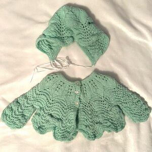 Vintage Hand Knit Crocheted Cardigan Sweater & Bonnet Hat Set 12M Mint Green
